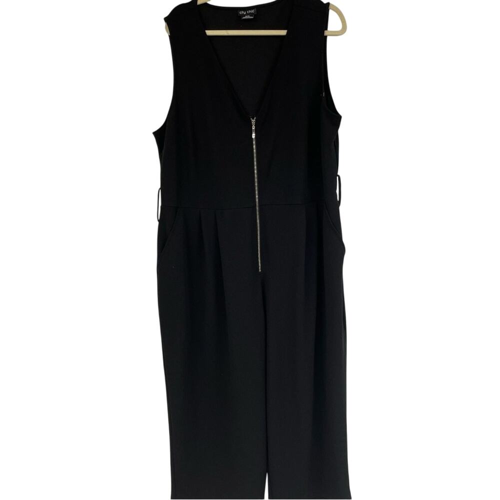 City Chic Black Sleeveless Wide Leg Cropped Jumpsuit 18 Zip Up Casual Pockets
